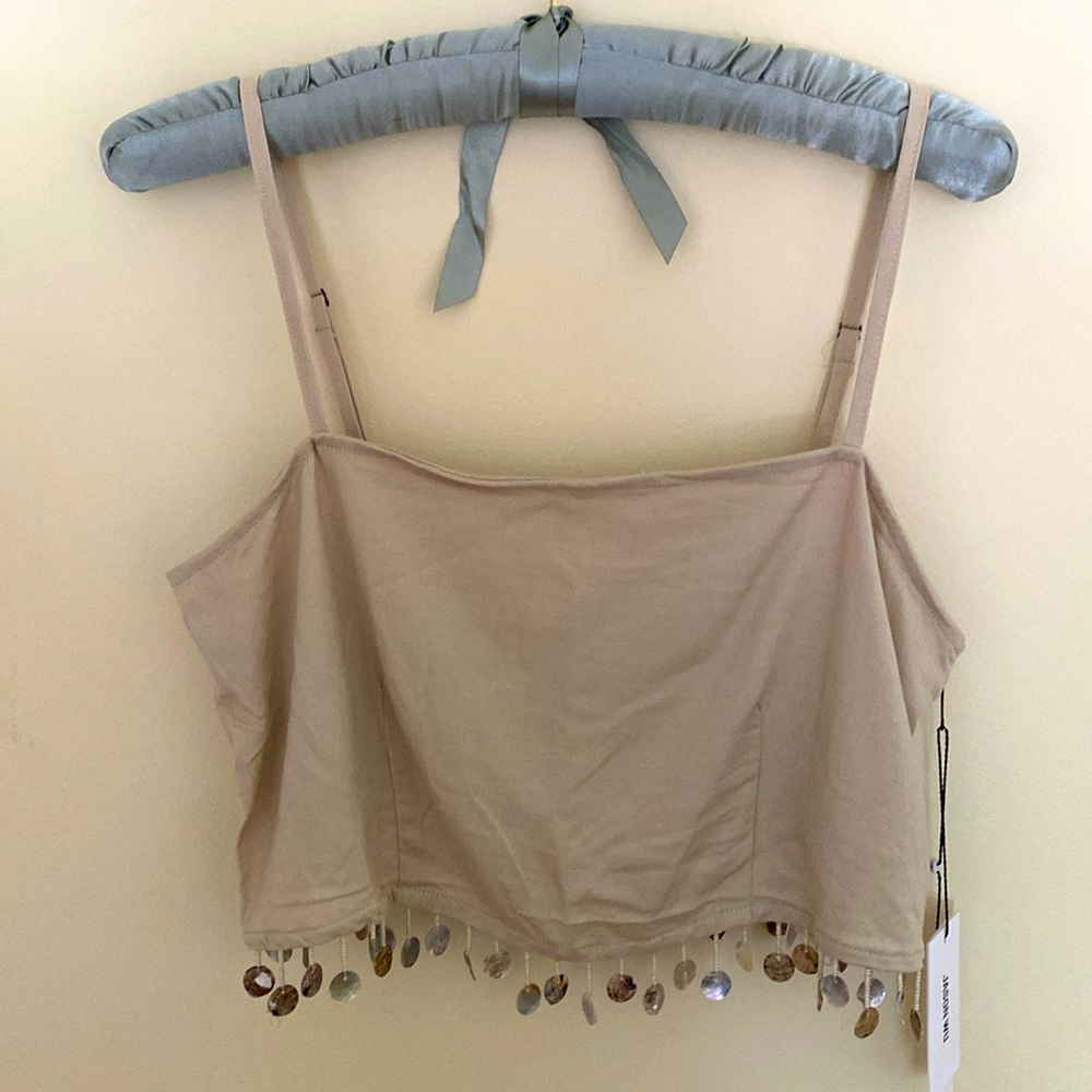 Jason Wu tan pant suit with mother of pearl fringe. Size 6